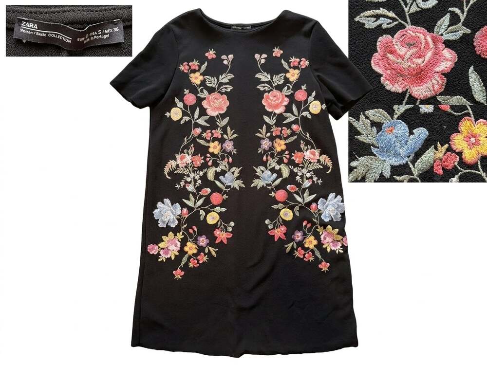 ZARA Woman Basic Collection Black Floral Embroidered Shift Mini Dress